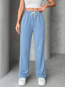 EURMUSE Women's Drawstring Waist Pockets Straight Leg Casual Sweatpants - Baby Blue - View 5