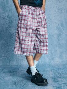 ROMWE MEN Street Life 男士格子口袋褶皱宽松休闲短裤 - 紅色 - 查看 4