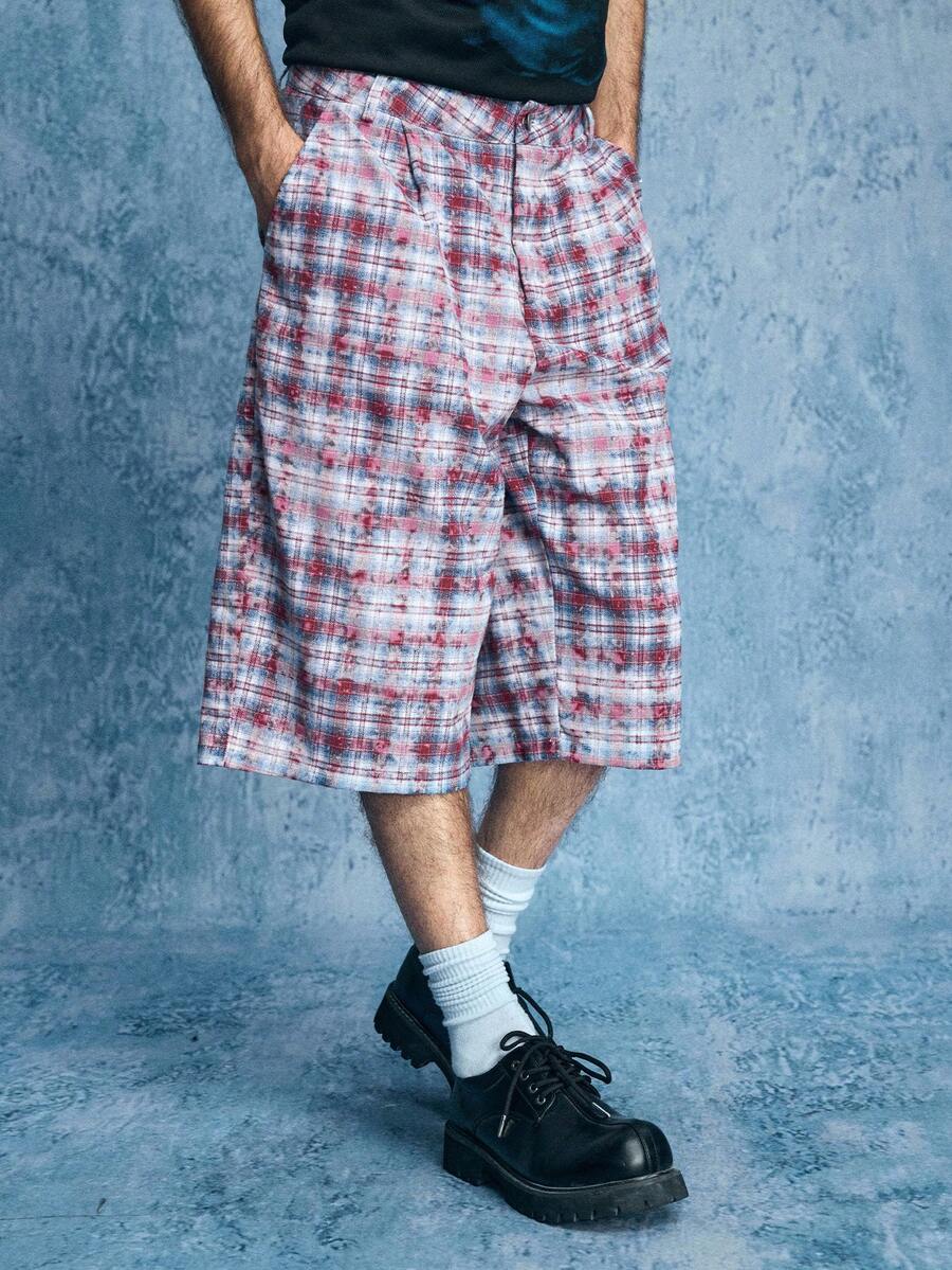 ROMWE MEN Street Life 男士格子口袋褶皱宽松休闲短裤 - 紅色 - 查看 1