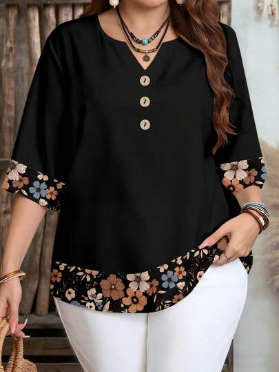 EMERY ROSE 大码休闲印花纹理衬衫，适合夏季穿着