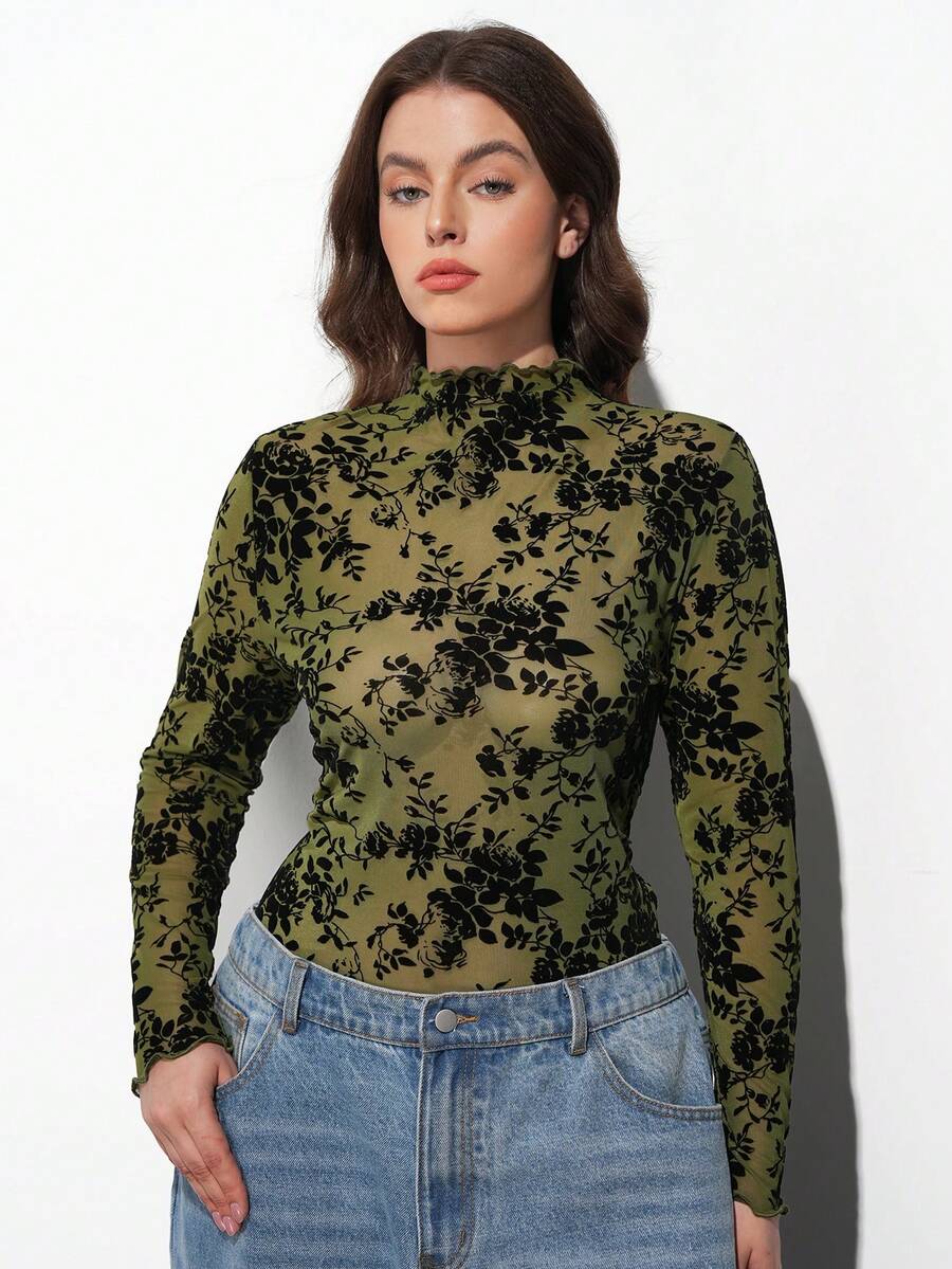 Maija 大码女式绿色花卉植绒网纱高领长袖上衣(不含胸罩)圣帕特里克节女装复活节夏季复活节女装派对上衣海滩夏季假期每个假期女装夏季外出毕业休闲花卉长袖上衣 - 軍綠色 - 查看 1