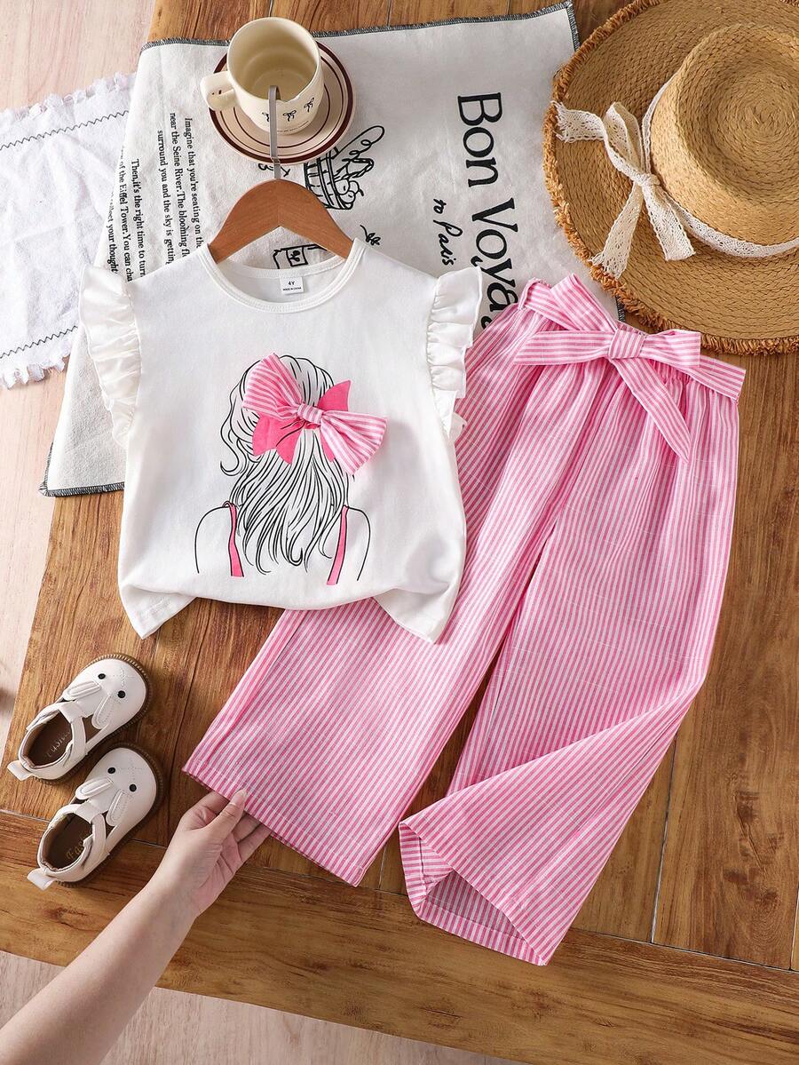 SHEIN LMoss Kids 女童蝴蝶结装饰上衣和条纹裤套装 - 粉色 - 查看 1