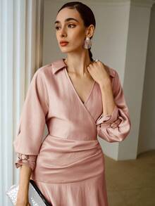 ZEYLAH Spring & Summer Elegant Wrap-Style Collared Long Sleeve Cinched Waist Fishtail Dress - Pink - View 2