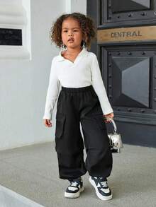 SHEIN Young Girl Solid Color Loose Casual Cargo Pants - Black - View 2