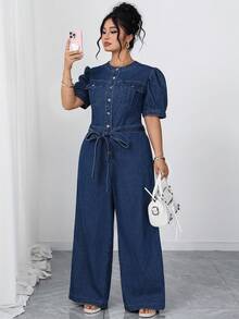 Elenzga Bộ áo liền quần denim màu xanh nhạt thanh lịch và thoải mái dành cho nữ cỡ lớn - Rửa trung bình - Xem 1