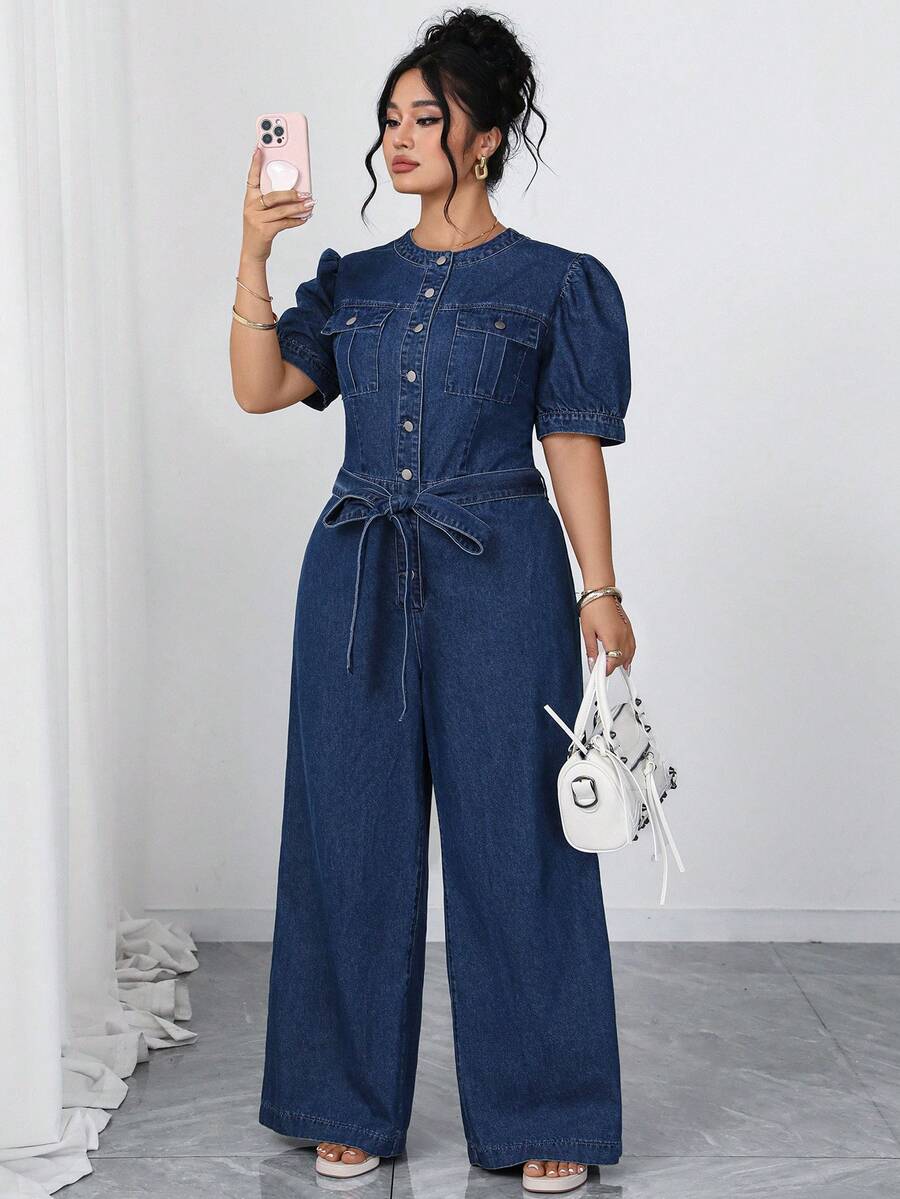Elenzga Bộ áo liền quần denim màu xanh nhạt thanh lịch và thoải mái dành cho nữ cỡ lớn - Rửa trung bình - Xem 1