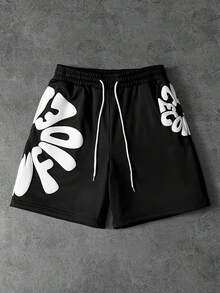 PAVTROS Men's Letter Print Drawstring Waist Casual Loose Shorts - Black - View 1