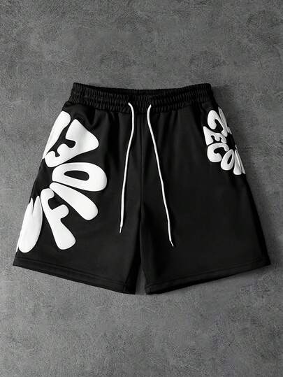 PAVTROS 男士字母印花抽绳腰休闲宽松短裤