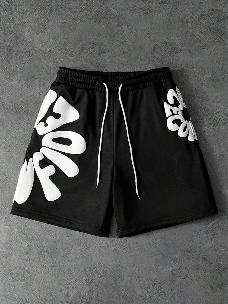 PAVTROS Men's Letter Print Drawstring Waist Casual Loose Shorts - Black - View 1