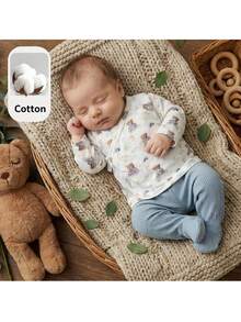 Loomiva Newborn Baby Boy/Girl Cartoon Bear Pattern Knit Soft Crew Neck Long Sleeve Top And Elastic Waist Long Pants 2-Piece Set - Blue - View 10