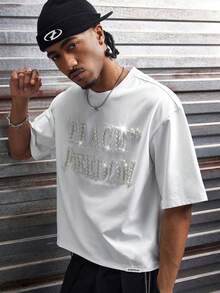 AXEPEAK Men's Casual Faux Pearl Studded Letter Graphic Short Sleeve T-Shirt, Summer - White - View 2