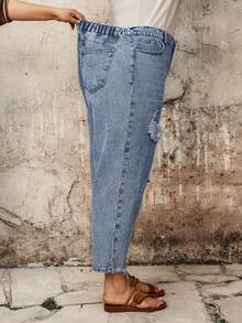 EMERY ROSE EMERY ROSE Plus Size Women Distressed Tapered Jeans,Dark Blue,Summer,Casual,Everyday Versatile Pocket Denim For Date,Party,Office,Commute,Vacation&Wedding Guest - Blue - View 7