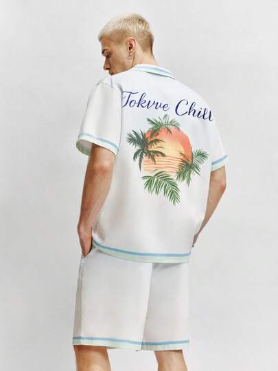 TOKVUE Daily Streetwear, Campus Outfits, Summer Vacations & Casual Hangouts Young Casual Vacation Style Camp Collar Short Sleeve Shirt & Shorts Set With Floral Embroidery, Text Print & Light Blue Contrast Trim, Lightweight Breathable Woven Fabric, Relaxed Oversized Fit, White Men's 2-Piece Co-Ord, Perfect For Student Looks & Summer Getaways, Ideal Gift For Boyfriend, Suitable For Summer.