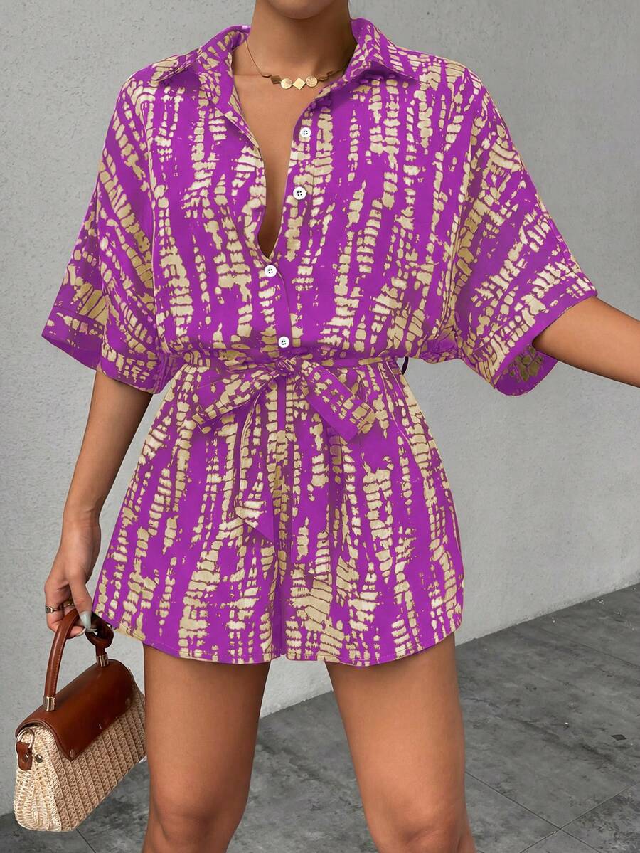 Chiquease Bộ áo liền quần tay cánh dơi in họa tiết, thắt nơ phía trước dành cho nữ. - Nhiều màu - Xem 1