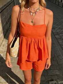 Selianne Áo hai dây nữ dáng suông, cỡ tiêu chuẩn, có bèo nhún ở gấu, thích hợp cho kỳ nghỉ xuân/hè. - trái cam - Xem 3