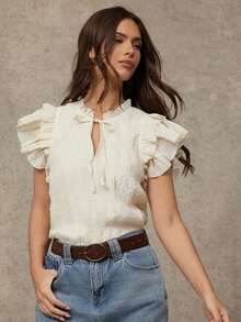 WESTFADE Blusa con textura tejida y mangas con volantes y vuelo - Albaricoque - Ver 5