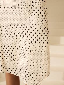 Aralina Women's Polka Dot Low Rise Wide Waistband Asymmetric Hem Flowy Midi Skirt Polka Dot Skirt Cute Going Out Outfit - Black and White - View 7