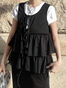 FRIFUL Women's Solid Color Short Sleeve Tie-Up Bow Mesh Patchwork Loose Casual Versatile T-Shirt, Spring/Summer - Black - View 6
