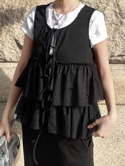 FRIFUL Women's Solid Color Short Sleeve Tie-Up Bow Mesh Patchwork Loose Casual Versatile T-Shirt, Spring/Summer