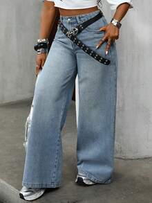 Livesso Women's Casual Loose Straight Leg Jeans, Distressed Design, Vacation Style, Suitable For Spring, Summer, Valentine's Day - Blue - View 6