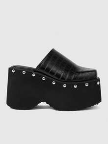 ROMWE Grunge Punk Women's Black Crocodile Embossed Studded Square Toe Platform Sandals - Black - View 1
