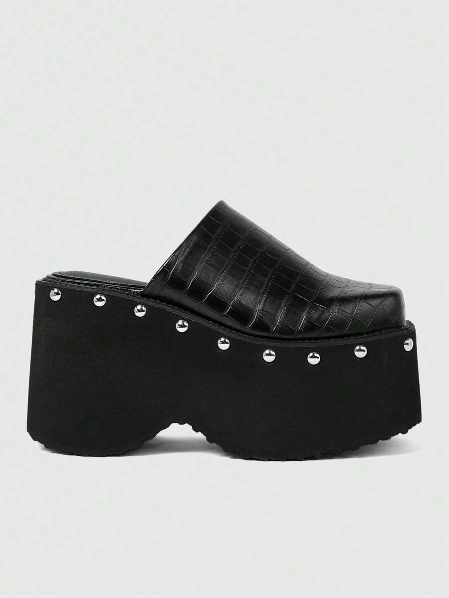 ROMWE Grunge Punk Women's Black Crocodile Embossed Studded Square Toe Platform Sandals - Black - View 1