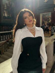 SHEIN MOD Camisa halter ajustada de talla grande con de color negro y blanco, rayas, patchwork asimétrico y aberturas - Blanco y Negro - Ver 5