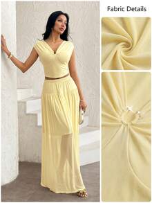 Modelyn 优雅的小米黄新款修身短款上衣搭配松紧腰褶皱半裙，春夏款 - 黃色 - 查看 3