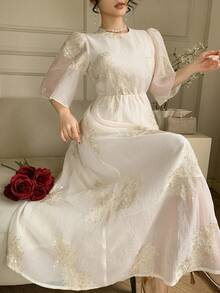 DAZY French Embroidery Niche Design Sense Elegant Loose Elegant Women Long Dress Maxi Dress Sundress - Beige - View 2