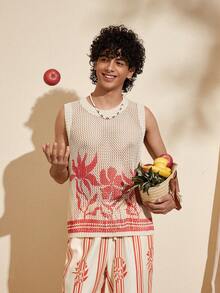 Felipe Marques Chaleco holgado de punto con estampado floral y color contrastante para hombre, casual para otoño, invierno, primavera, vacaciones, fiesta en la playa, resort de isla - Albaricoque - Ver 1