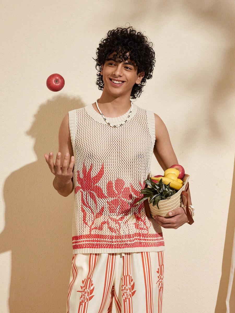 Felipe Marques Chaleco holgado de punto con estampado floral y color contrastante para hombre, casual para otoño, invierno, primavera, vacaciones, fiesta en la playa, resort de isla - Albaricoque - Ver 1