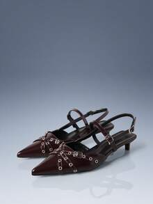 CUCCOO GRLICON Burgundy Patent Leather Pointed Slingback Metal Buckle Kitten And Women's High Heels - Brown - View 1