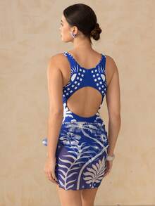 Swim Oasis Women's Palm Tree Print Fashionable One-Piece Swimsuit With Matching Cover-Up Skirt For Vacation - Navy Blue - View 2