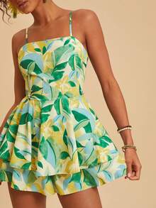 Travachic Plant Print Tie-Front Backless Jumpsuit For Women, Vacation - Multicolor - View 3