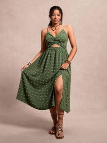 SHEIN VCAY Đầm không tay xẻ cao, màu trơn, kiểu xoắn rỗng, cỡ lớn - xanh quân đội - Xem 7