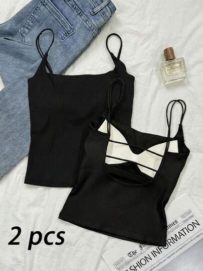 Tseoso Camiseta sin mangas negra acanalada versátil y casual de 2 piezas con sujetador acolchado para mujeres, perfecta para usar durante todo el año, en casa, deportes, festivales occidentales, looks lindos de vuelta a la escuela, estilo retro vintage Y2K, estética suave/limpia de chica, Gen Z, chicas de hermandad, ciclismo de verano, yoga y ropa deportiva