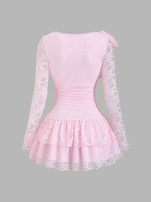 Sweetra Women's Elegant Commuting Daily Wear Pink Sexy Sheer Lace Mini Dress, Boat Neck, Bow Tie Waist, Ruched Waist, Tiered Skirt, Suitable For Summer Party And Occasions - Pink - View 2