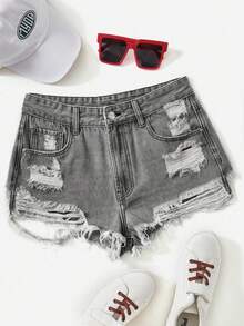 Rivivi Quần short denim nữ kiểu dáng thường ngày, rách gấu, phù hợp cho việc đi làm hàng ngày và phong cách đường phố, mùa hè. - Xám - Xem 3