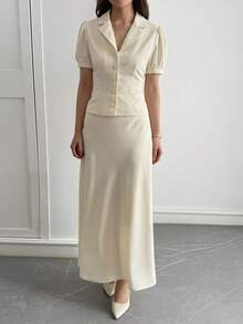 Strévra 2pcs Women Casual Collared Petal Sleeve Top And Skirt Set - White - View 4