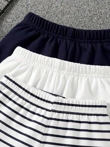 SHEIN 6个月-3岁新生儿男婴男女通用三件套 - 骑士骏马图案海军蓝、白色及海军蓝/白色条纹针织柔软舒适弹力腰带T恤和短裤，适合春夏、休闲、运动、时尚简约风格 - 彩色 - 查看 6