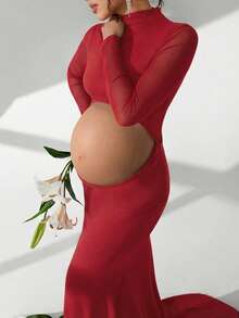 Cheriluna Maternity 孕妇摄影礼服，长袖立领，腰部镂空，露背，鱼尾下摆，及地长裙 - 紅色 - 查看 4