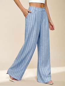 SHEIN PETITE 女士条纹长裤 夏威夷风情 女士办公套装 女士家居舒适裤 女士两件套 女士套装 秋冬款 - 藍色 - 查看 8