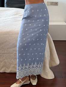 DAZY Falda de línea A con bordado y calado para vacaciones de verano de mujer - Azul - Ver 3