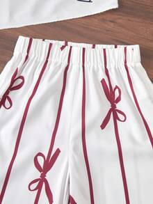 Elladie kids Young Girls Cute Ruffle Hem Asymmetrical Design & Bow Print Casual Pants Set - Burgundy - View 7