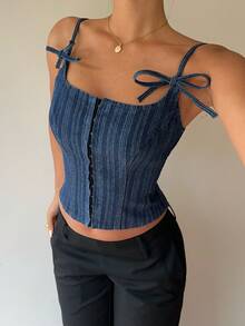 Siren Gaze Áo hai dây denim buộc dây kiểu dáng thường ngày dành cho nữ, thích hợp cho mùa hè. - Rửa trung bình - Xem 4