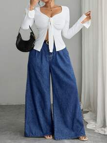 SHEIN EZwear 女士休闲褶皱宽松阔腿牛仔裤，适合日常通勤 - 深色水洗藍 - 查看 6