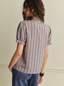 Écloséra Blusa elegante y versátil de manga corta con cuello de volantes, contraste de color, bordado y estampado de cuadros vintage para uso diario y casual, primavera/verano - Caqui - Ver 6