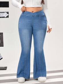 Flexra Plus Size Women's Fashionable Casual Washed Flare Jeans - Blue - View 7