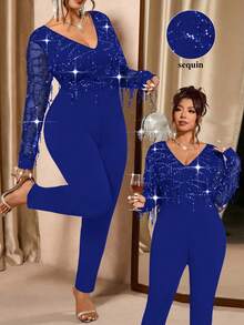Cravure Bộ jumpsuit dài tay cổ chữ V đính sequin dành cho nữ cỡ lớn, thích hợp cho các buổi tiệc. - Xanh đậm - Xem 1