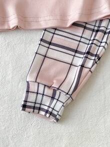 2pcs Baby Girls Elegant Pink Black White Plaid Bear Bow Print Round Neck Long Sleeve Top And Plaid Pants Snug Fit Comfortable Homewear Set - Pink - View 7